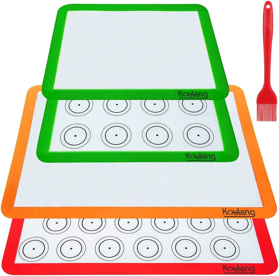Koulang Reusable Silicone Baking Mats - BPA Free Nonstick Macaron Baking Mat Sets 4 Pack Large and Small with Oil Brush Professional for Holiday Macarons Cookies: Kitchen & Dining