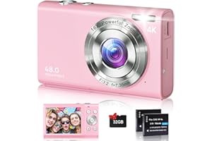 FJFJOPK Digital Camera, 4K Autofocus Cameras for Photography, 48MP Anti-Shake Vlogging Camera for YouTube, 16X Digital Zoom Compact Point and Shoot Cameras with 32GB Card Camera for Teens Adult Beginner-Pink