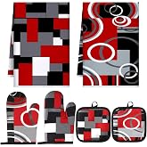 Jingmore 6 Pcs Kitchen Decor Set Accessorie Farmhouse Kitchen Towels Pot Holders Oven Mitts Set 2 Dish Towels 2 Pot Holders 2 Cooking Mittens Oven Glove for Cooking(Red and Black,Geometric)