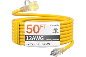 DEEKLIFY 12 Gauge 50 FT Heavy Duty Outdoor Extension Cord Waterproof with Lighted End,Yellow 12 Gauge Extension Cord Flexible and Cold Resistant 3 Prong Grounded Plug,15Amp 1875W SJTW ETL Listed
