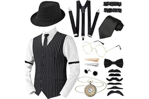 ACEHOME 1920s Men Costume Accessories Set for Adult, Roaring Retro 20s Gatsby Gangster Costume Outfit with Stripe Vest Fedora Hat Tie