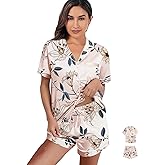 WJing Yi Jia Womens 3Pcs Satin Pajamas Set Floral Silk Pajama Sets Stripe Lounge Set Silky Sleepwear XS-2XL Pjs Long Scarves