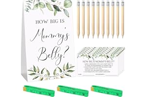 Sabary 64 Pcs Baby Shower Games Include How Big is Mommy's Belly Sign Measure Bump Game 50 Cards 10 Pencils 3 Measuring Tapes for Baby Shower Gender Reveal Party Supplies(Greenery)