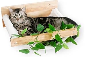 MEOWOOU Cat Hammock Wall Mounted, Wall Bed for Kitty, Solid Rubber Wood Cat's Furniture, Flannel Cat Shelves, Wall Shelves for Sleeping, Climbing, Playing and Lounging