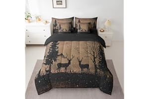 Feelyou Hunting Deer Bed in A Bag Twin, Deer 7 Pieces Bedding Set for Boys Girls Black Deer Comforter Set with Sheets Cute De