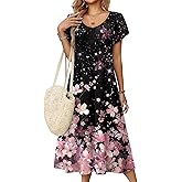 Zeagoo Women Midi Dresses for Summer 2026 Short Sleeve Casual Flowy Dress A Line Pleated V Neck Beach Sundress with Pockets