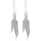 MIMI Sterling Silver Two Double Feathers Drop Dangle Earrings