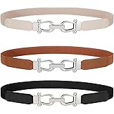 WERFORU 3 Pack Women Skinny Elastic Waist Belt Gold Buckle Stretchy Thin Belt for Jeans Dress