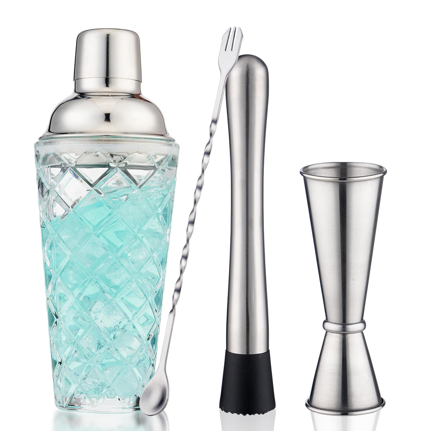 Photo 1 of Gbuxska Cocktail Shaker Set, 14.2oz Glass Martini Shaker with Strainer - Includes Measuring Jigger, Mixing Spoon and Muddler - Perfect for Making Cocktails and Protein Shakes (Silver)