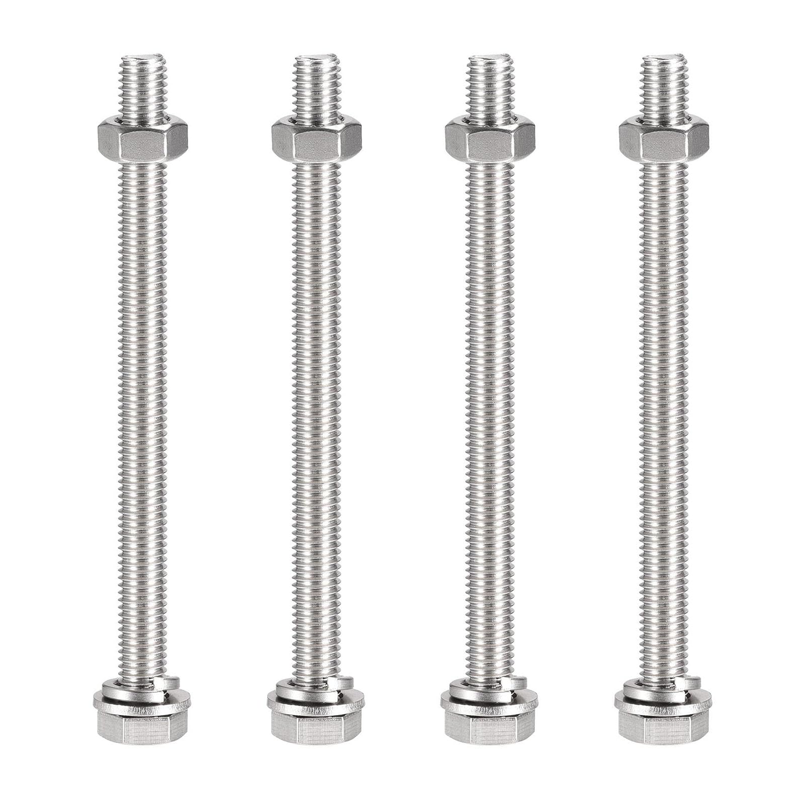 TOP-VIGOR 4Pcs M10 x 140mm Hex Head Screws Bolts, Nuts, Flat & Lock Washers Kits, 304 Stainless Steel Fully Thread Hexagon Bolts for DIY Bike Motorcycles Repair