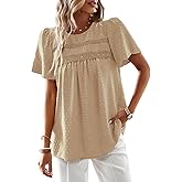 Women's Summer Tops Trendy Short Sleeve Crewneck Swiss Dot Ruffle Blouses Casual Loose Babydoll Tunic Shirts