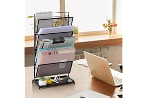 Desktop File Organizer 4-Tier Vertical File Folder Organizer Mesh Mail Organizer Countertop with Bottom Flat Tray for Office 