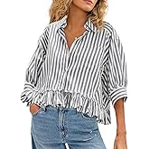 CHYRII Womens Summer Tops Dressy Casual Blouse Top Ruffled Short Sleeve Button Down Striped Shirt