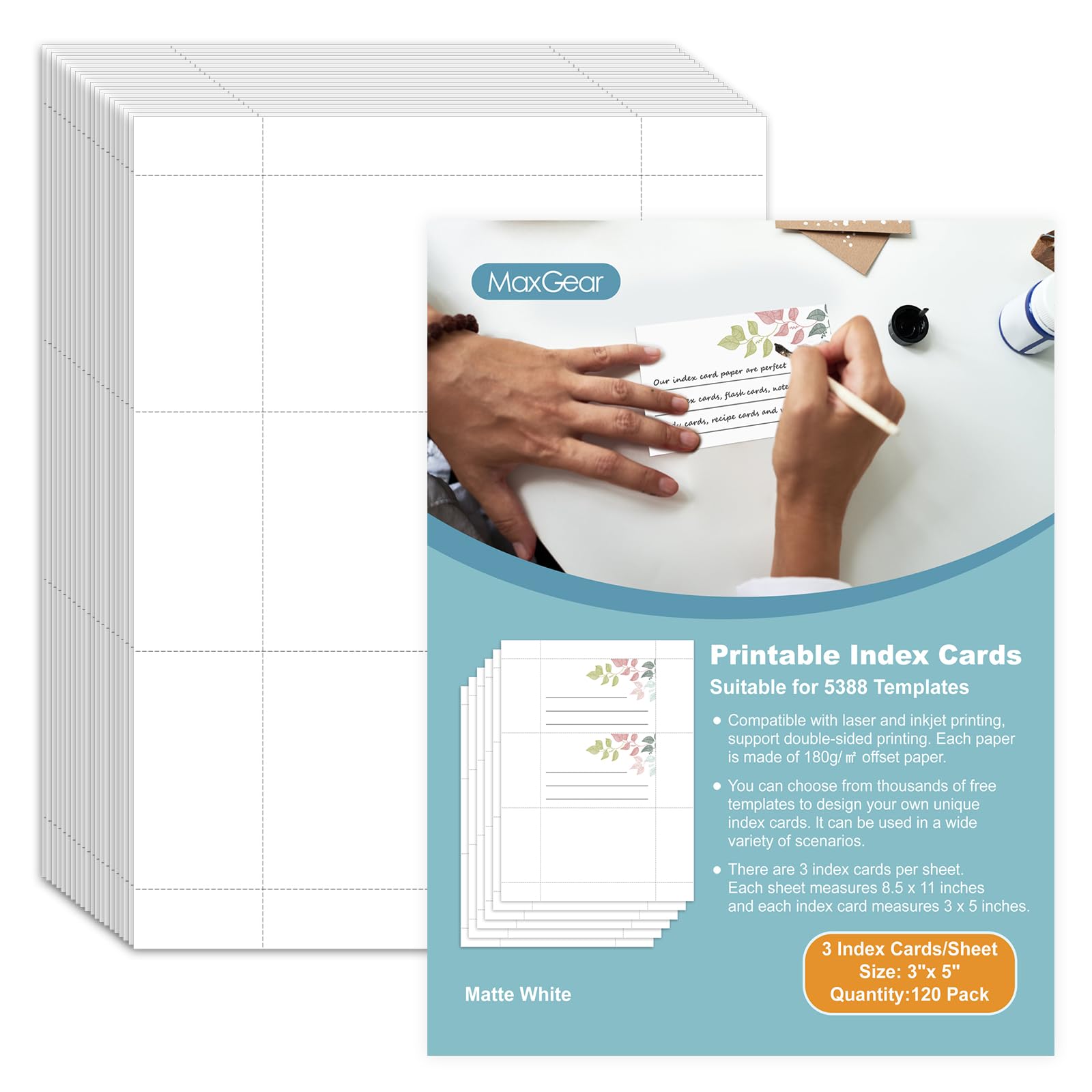 Photo 1 of MaxGear Index Cards 120 Printable Index Cards, 3" x 5" Printable Blank Flash Cards Compatible with Laser & Inkjet Printer, Blank Note Cards, Double-sided Printing, White, 3 Cards/Sheet, 40 Sheets