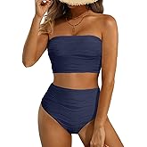 High Waisted Bandeau Bikini Set - Women Strapless Two Piece Swimsuits Ribbed Longline Full Coverage Bathing Suits Swimwear
