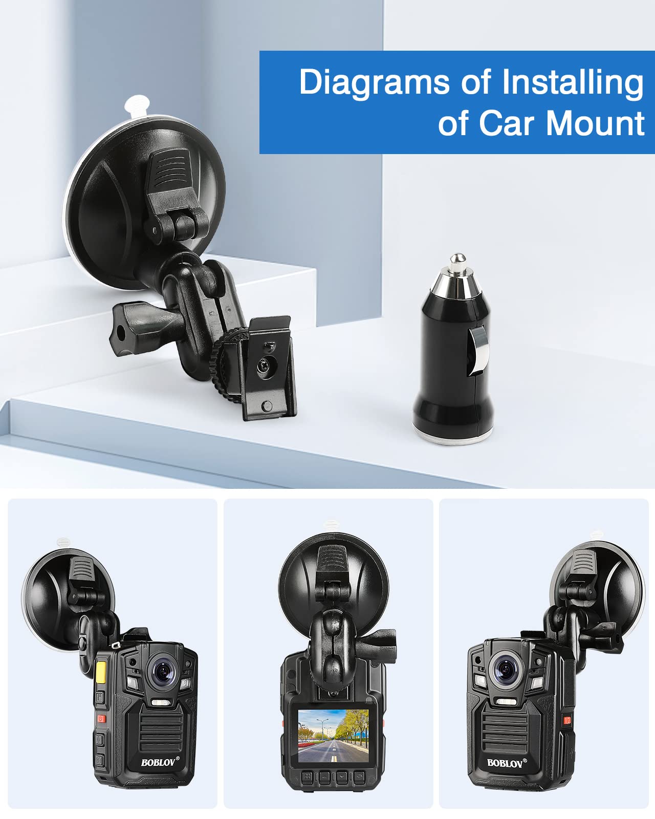 BOBLOV Car Suction Mount, Only for HD66-02/D7 Body Camera, Car Mount and a Car Charger ONLY HD66-02/D7 Body Camera, Don't Fit to Other Models Camera not Included