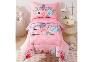 VIVILINEN Toddler Bedding Set for Girls 4 Piece Pink Unicorn Toddler Comforter Set for Baby Kids Bed-in-a-Bag Crib Toddler Bed Sheet Set with Quilted Comforter, Flat Sheet, Fitted Sheet, Pillowcase