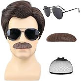 AMZCOS Short Brown Men Wig with Msutache and Sunglasses for 70s 80s Costume Cosplay Halloween Party