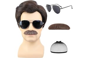 AMZCOS Short Brown Men Wig with Msutache and Sunglasses for 70s 80s Costume Cosplay Halloween Party