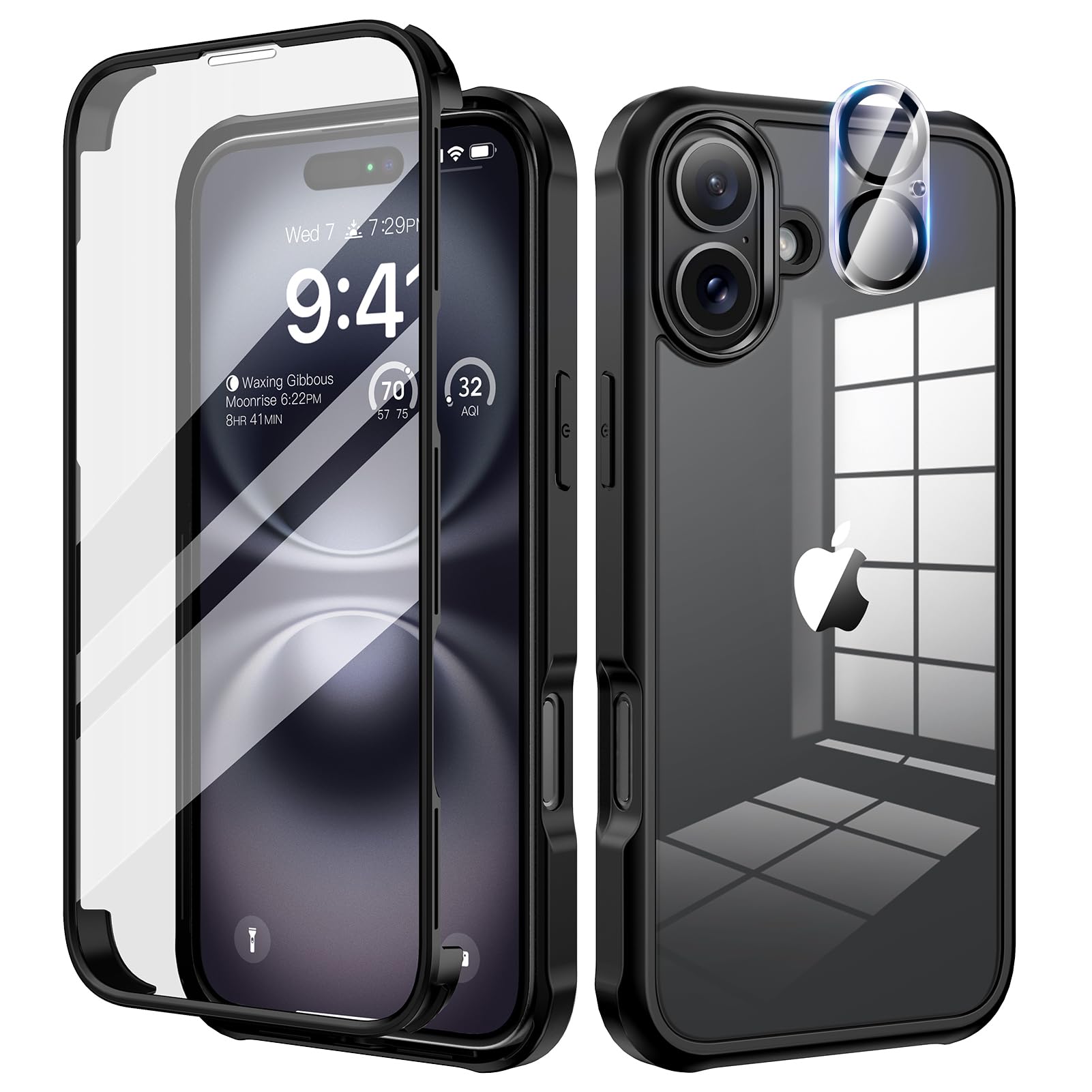 seacosmo for iPhone 16 Case, Full-Body Shockproof Case [Built-in Glass Screen Protector] [Camera Lens Protector] 360° Front and Back Cover for iPhone 16 6.1 Inch - Black/Clear