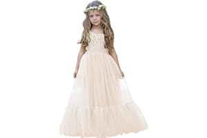 LalaMira Flower Girl Dress Lace/Tulle Boho Toddler Dresses Ruffle Girl Dress for Wedding Garden Party Communion Beach