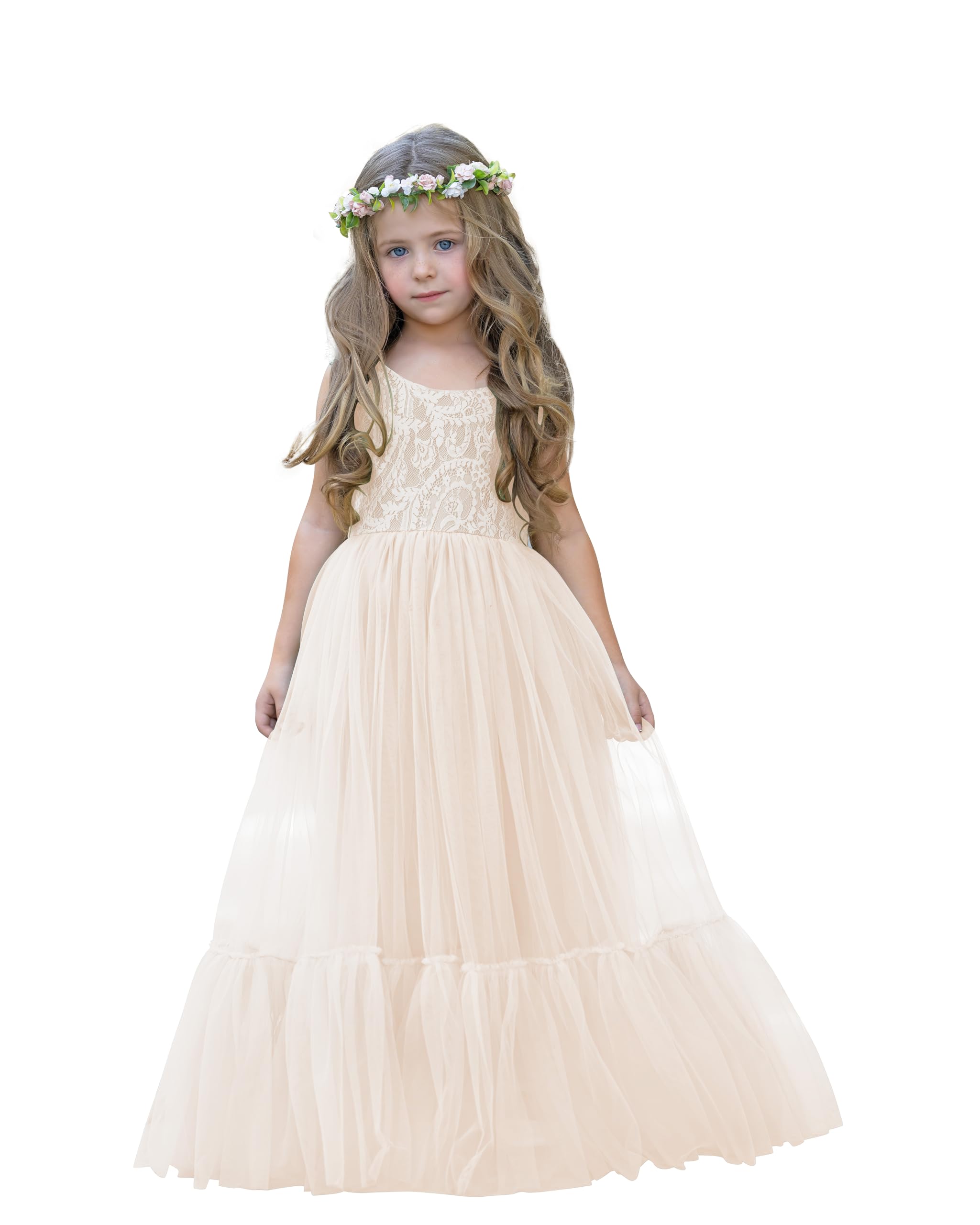 Photo 1 of LalaMira Flower Girl Dress Lace/Tulle Boho Toddler Dresses Ruffle Girl Dress for Wedding Garden Party First Communion Holiday Beach Ivory-12 Years