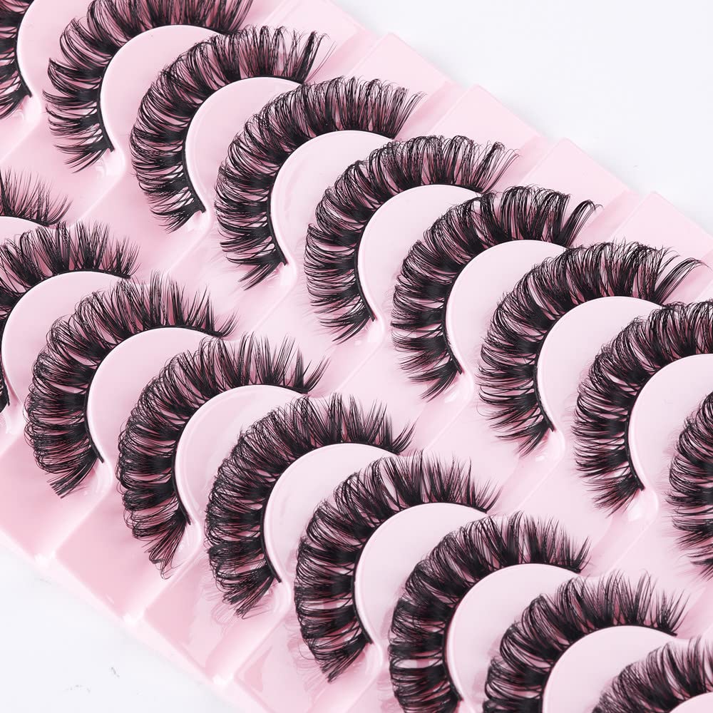False Eyelashes Russian Strip Lashes Natural Fluffy Wispy D Curly 10 Pairs Reusable Fake Eyelashes Faux Mink Lashes Thick Short Soft Eyes Lash(#01)