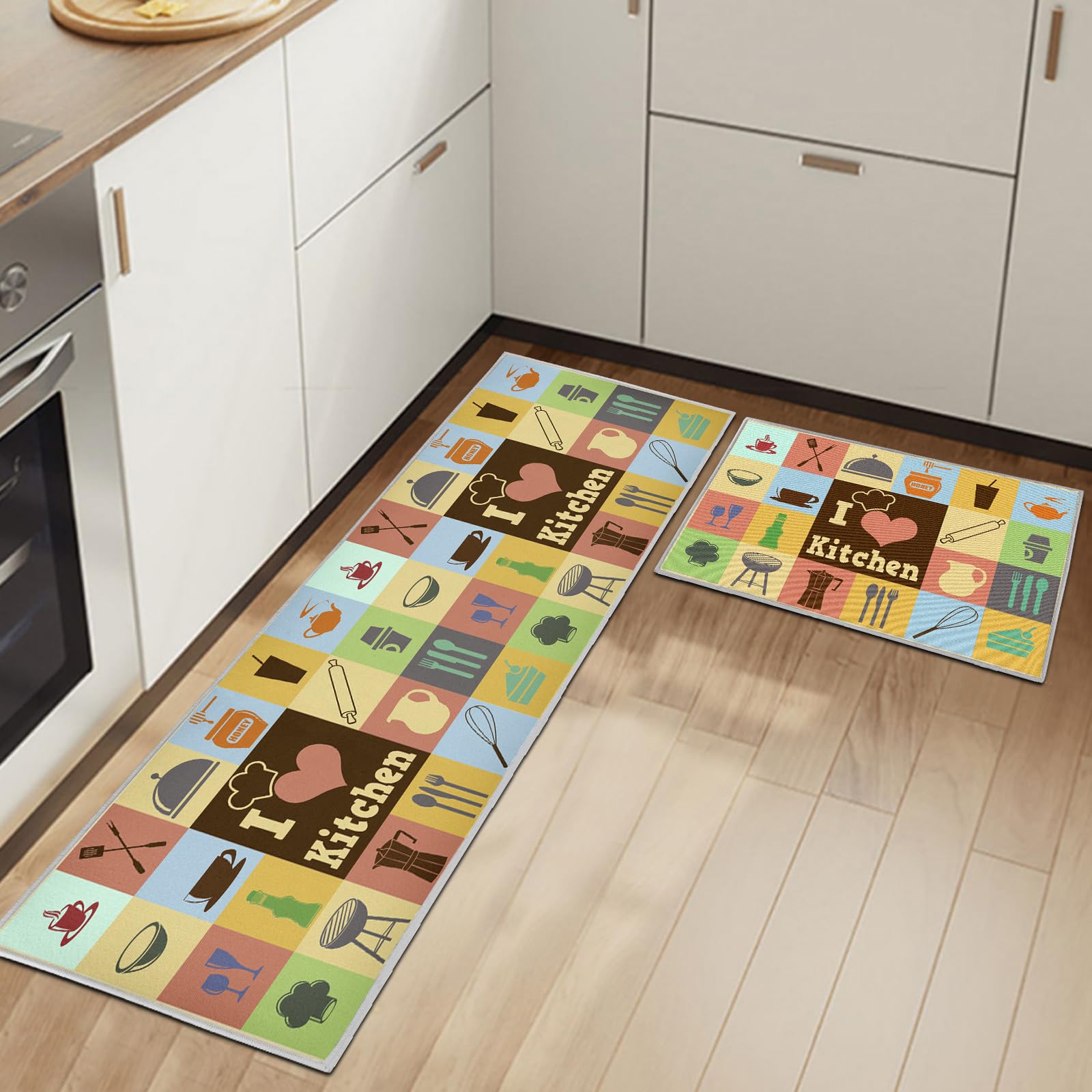 HSGLGNA Kitchen Rugs Runner Set of 2 Anti Fatigue Kitchen Floor Mat for Home Decoration Office Waterproof Non Slip Kitchen Rug Set Comfort Standing Mats (Kitchenware D, 40x60+40x120cm) — image 1