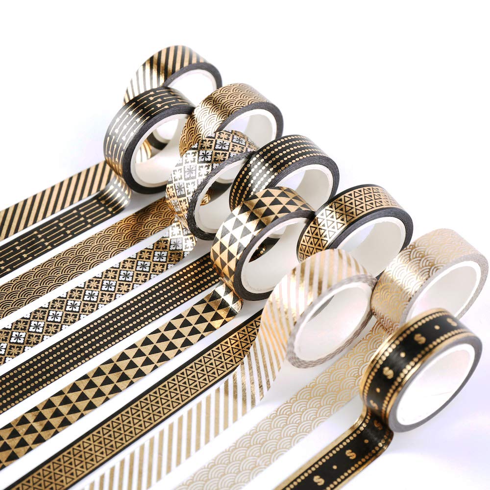10 Rolls Washi Tape, Scrapbook Tape Craft Supplies for DIY, Decorative Craft, Gift Wrapping, Scrapbooking (Gold Foil 10)
