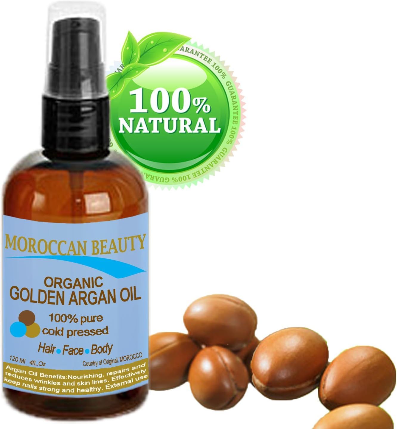 Moroccan Beauty Golden Argan Oil 100% Pure, Cold Pressed, Certified Organic, for Professional Use 4 Ounce-120 Ml