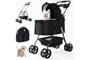 SWITTE Dog Stroller 3 in 1 Folding Pet Stroller, Lightweight Pet Stroller for Small Medium Dogs Cats, 4 Wheels Puppy Stroller with Removable Travel Carrier, Car Seat, Sun Shade, Waterproof Pad, Black