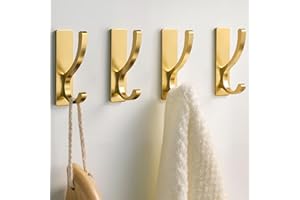 pickpiff Adhesive Wall Hooks for Towels - Sticky Hook Hanging Heavy Duty (13lb), Hanger for Door, Bathroom, Dorm, Closet - for Coats, Purse, Bag, Robe - No Damage to Wall - Gold 4 Pack