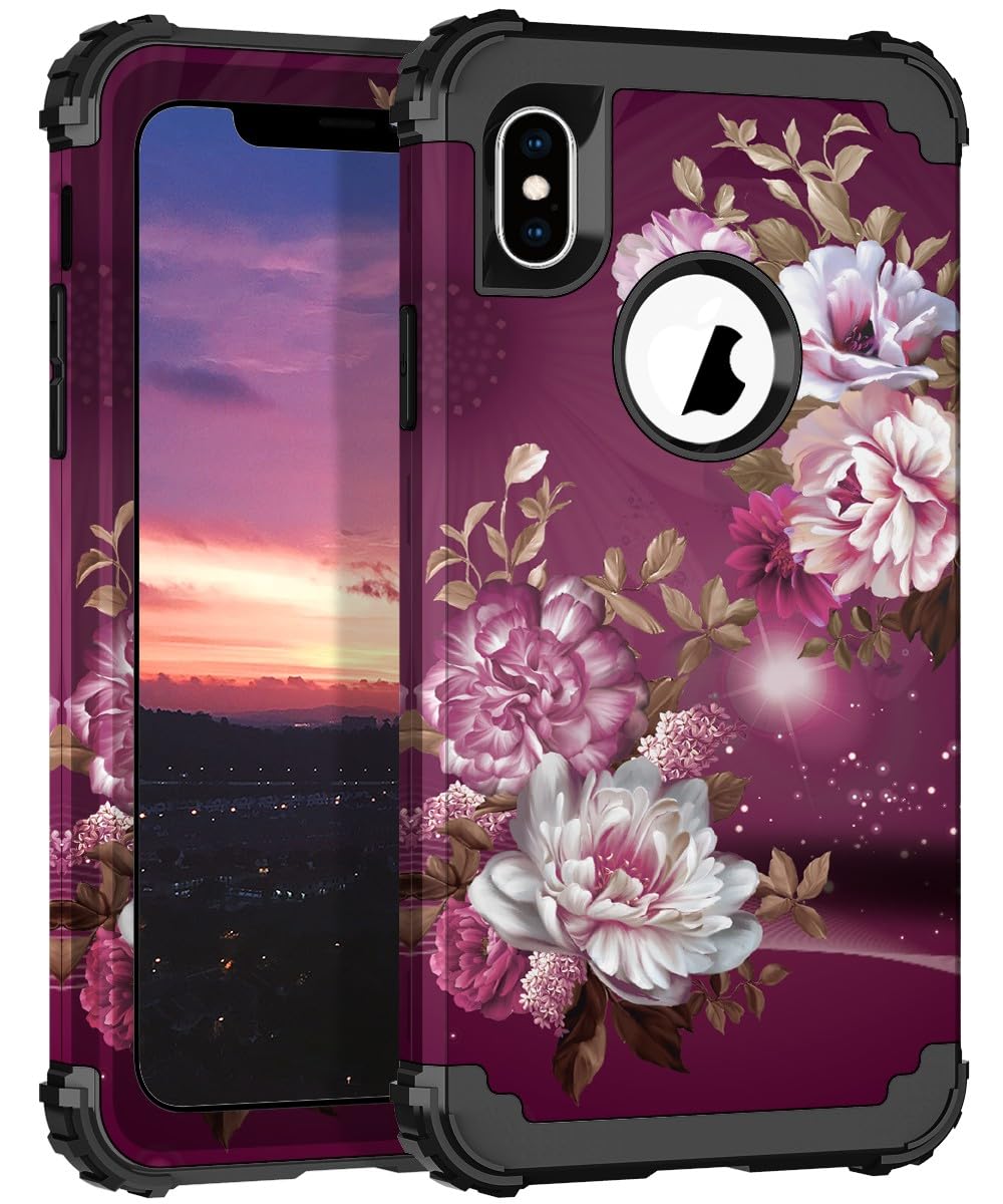 Photo 1 of Hocase for iPhone Xs Max Case, Heavy Duty Shockproof Protection Soft Silicone Rubber+Hard Plastic Bumpers Hybrid Protective Case for iPhone Xs Max (6.5") 2018 - Royal Purple Flowers