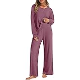 TFNOSIZE Women's Ribbed Knit Lounge Set, 2-Piece Long-Sleeve Top and High-Waist Pants: Soft Comfy Loungewear for Home Travel