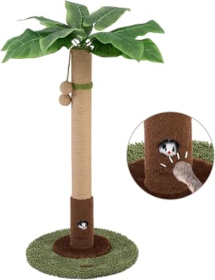 Kratzbaum mit Sisalseil für Indoor-Katzen, Palmen-Kratzbäume, Pflanzenkratzbaum, interaktiver Ball und Maus, Katzenspielzeug für Erwachsene Katzen und Kätzchen, 89 cm hoch, Grün