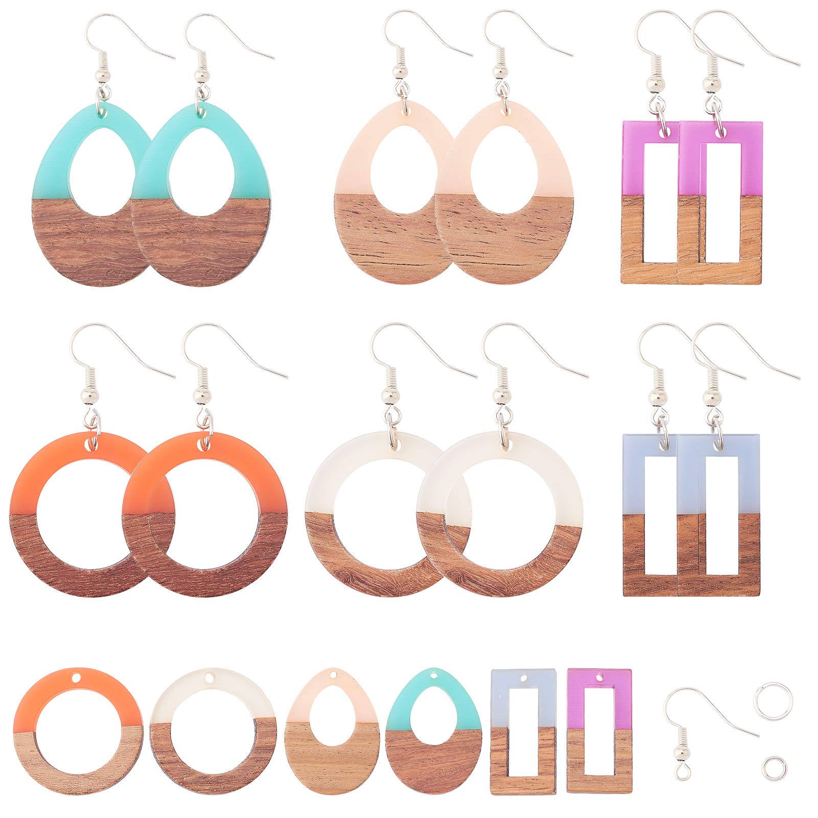 SUNNYCLUE 6 Pairs Resin Wood Dangle Drop Earring Making Starter Kit Teardrop Ring Rectangle Jewelry Pendants Making Supplies for Women Girls Beginners, Mixed Color