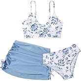 COZYEASE Girls' 3 Piece Set Floral Print Bikini Swimsuit with Drawstring Beach Skirt Cute Ruched Bathing Suit
