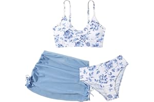 COZYEASE Girls' 3 Piece Set Floral Print Bikini Swimsuit with Drawstring Beach Skirt Cute Ruched Bathing Suit