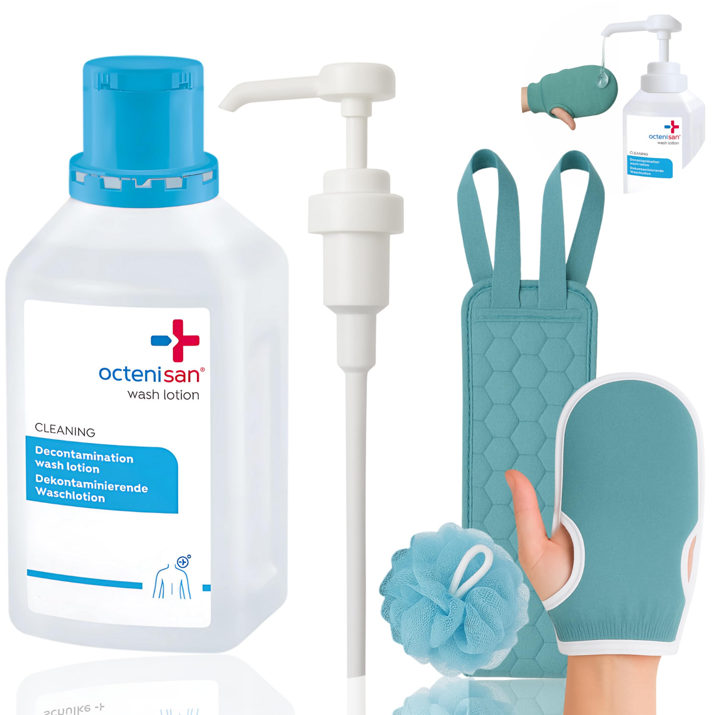 Complete Wash Kit – Octenisan Antimicrobial Wash 500ml with Holou Pump compactible with Octenisan & Microfibre Bath Mit – Antibacterial Body Wash for Gentle Cleansing – Sensitive Skin & Daily Hygiene