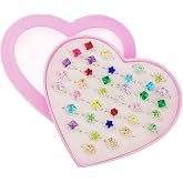 Sunmall 36pcs Little Girl Adjustable Rhinestone Gem Rings Set with Heart Shape Display Case, Jewelry Rings for Kids Pretend Play and Dress Up