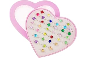 Sunmall 36pcs Little Girl Adjustable Rhinestone Gem Rings Set with Heart Shape Display Case, Jewelry Rings for Kids Pretend Play and Dress Up