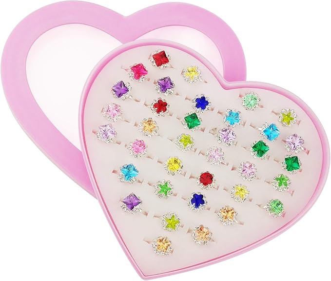 SUNMALL 36 pcs Little Girl Adjustable Rhinestone Gem Rings in Box
