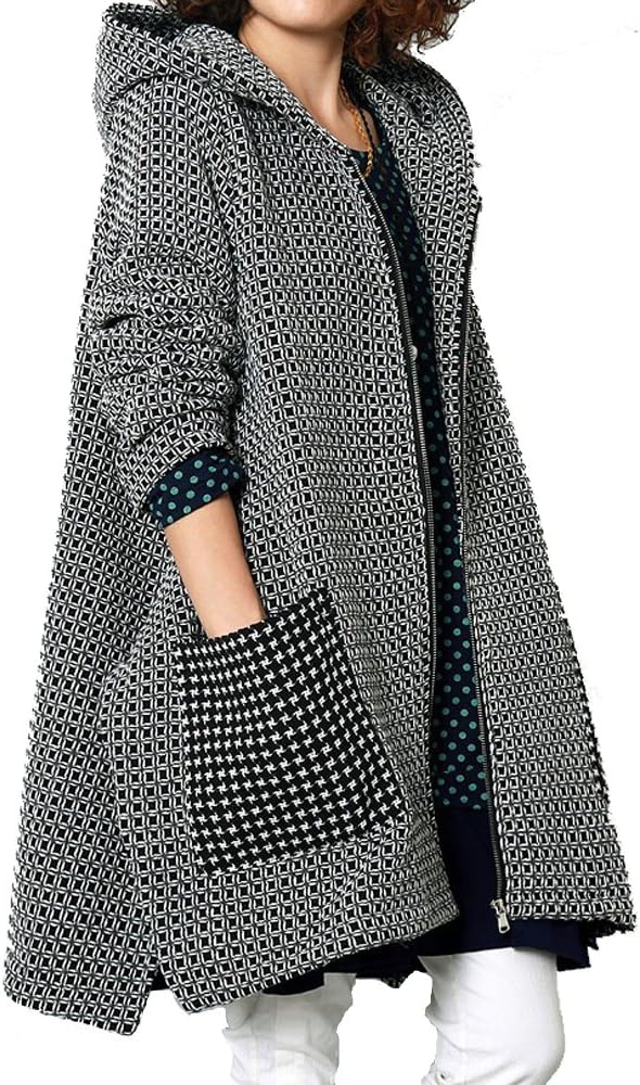 Tribear Women's Winter Checkered Hooded Loose Parka Jacket with Pockets