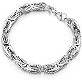 COOLSTEELANDBEYOND Masculine Byzantine Chain Stainless Steel Braid Link Bracelet for Men Silver Color, Grooved Textured