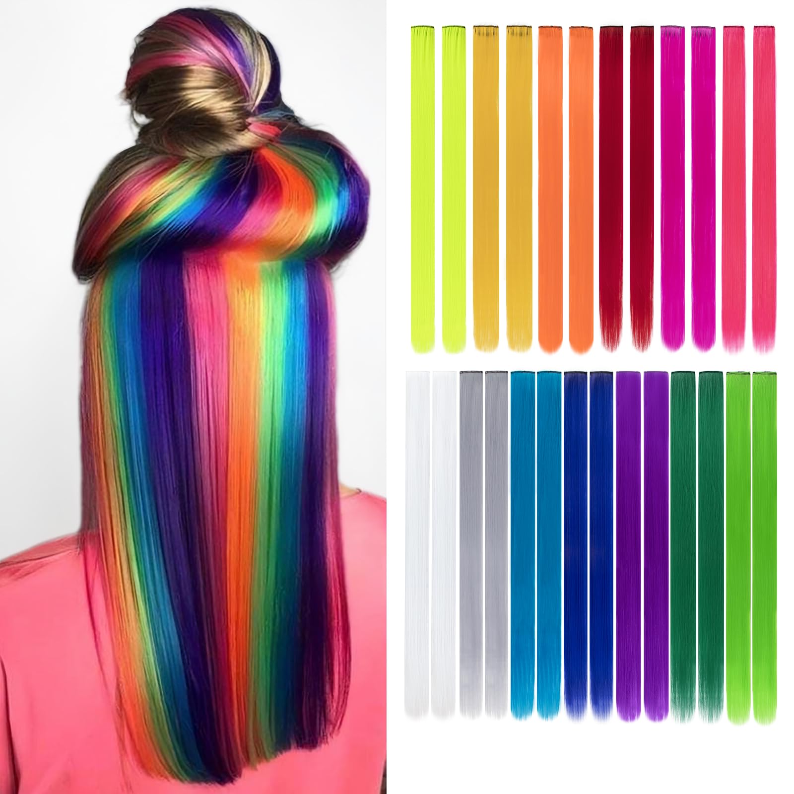 Photo 1 of 26 Packs Colored Hair Extensions 20Inch Straight Multi-Colors Party Highlights Clip In Hair Extension Synthetic Rainbow Hairpieces for Girls Kids Gift(13 colored)