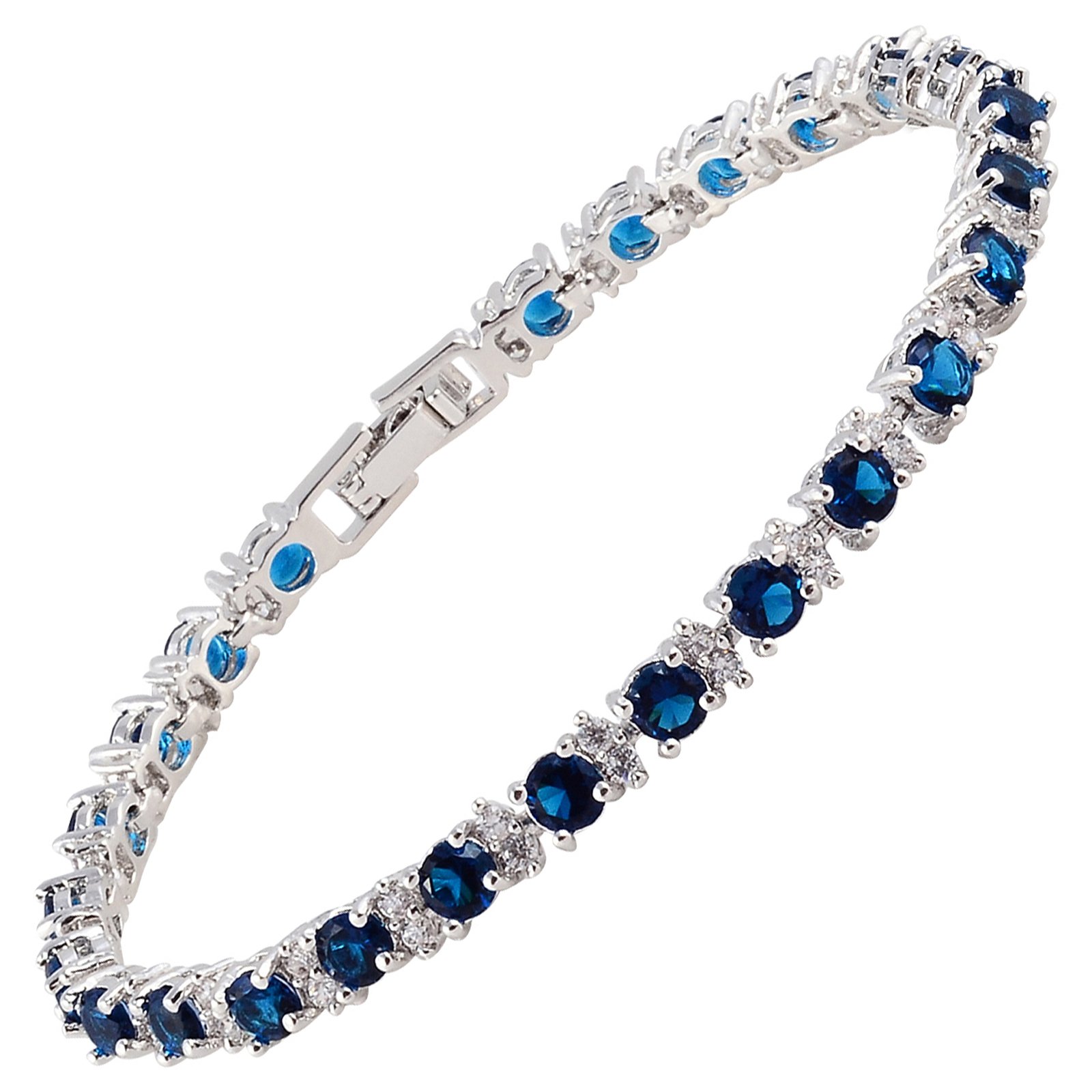 RIZILIA Eternity Tennis Bracelet [18cm/7inch] with Round Cut Gemstones CZ [Blue Sapphire] in 18K White Gold Plated, Simple Modern Elegance