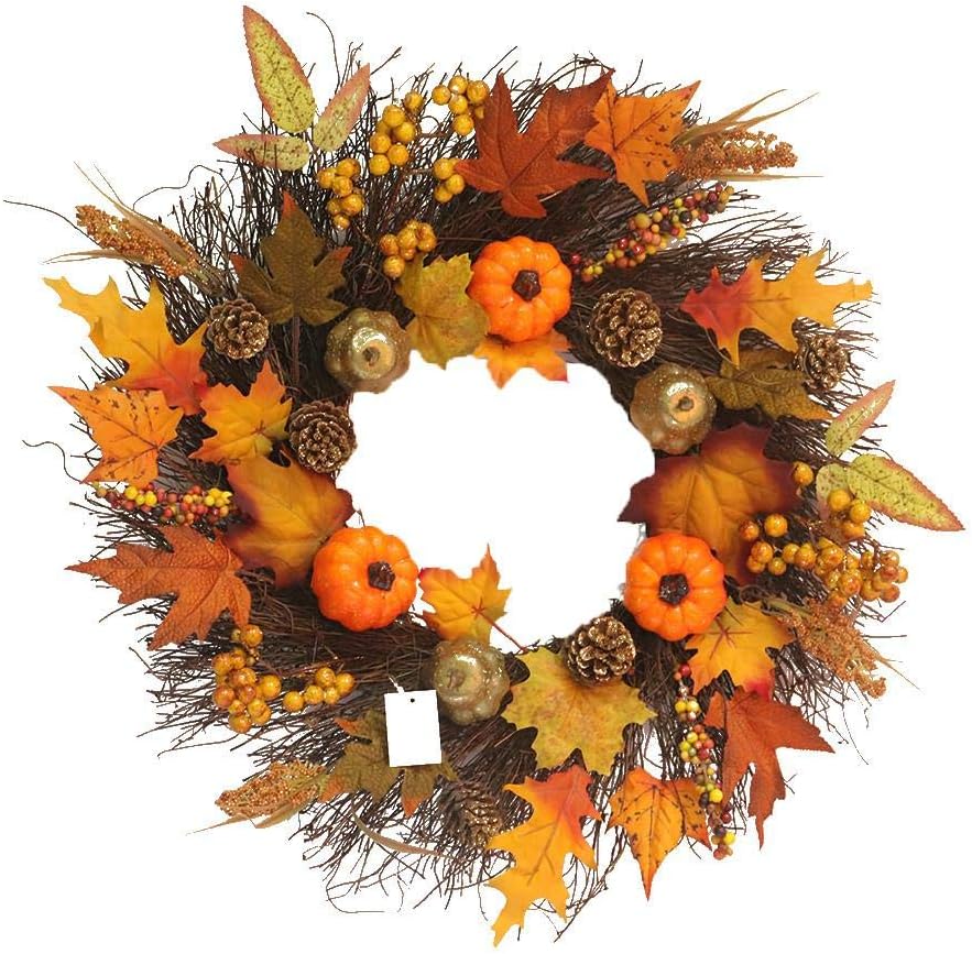18'' Christmas Front Door Wreath,Fall Maple Leaf Pumpkin Wreath,Artificial Decorative Garland for Halloween Thanksgiving Decoration