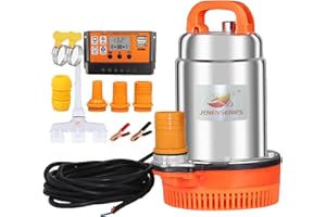 JENENSERIES 150W 12V DC Solar Submersible Pumps, 2inch solar deep well water pump,Max head 20ft, 26GPM Flow for pond or livestock (update-12V)
