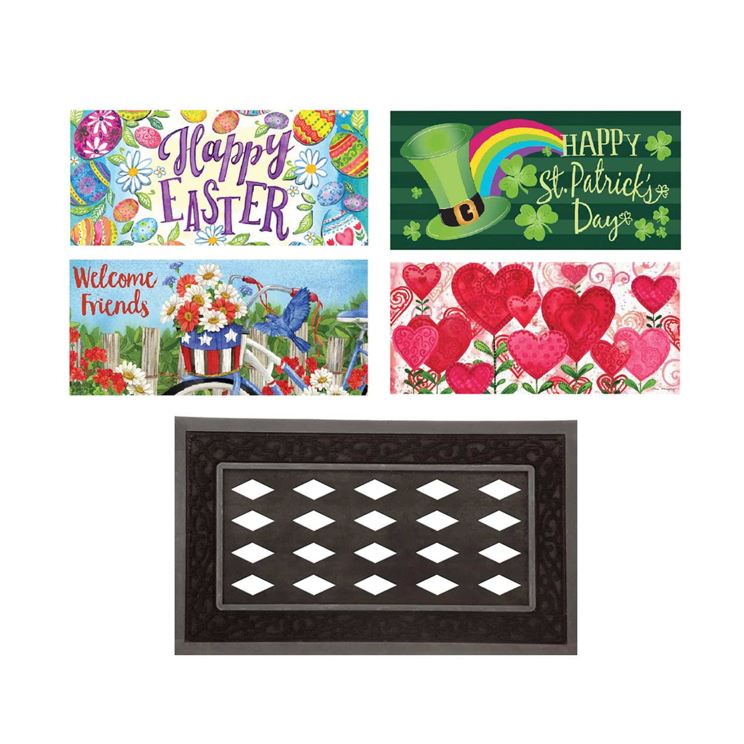 Evergreen Sassafras Bundle - Set of 5 Holidays Interchangeable Entrance Doormats | Indoor and Outdoor |22-in x 10-in doormats and 28-in x 16-in Tray | Non-Slip Backing | Low Profile | Home Décor