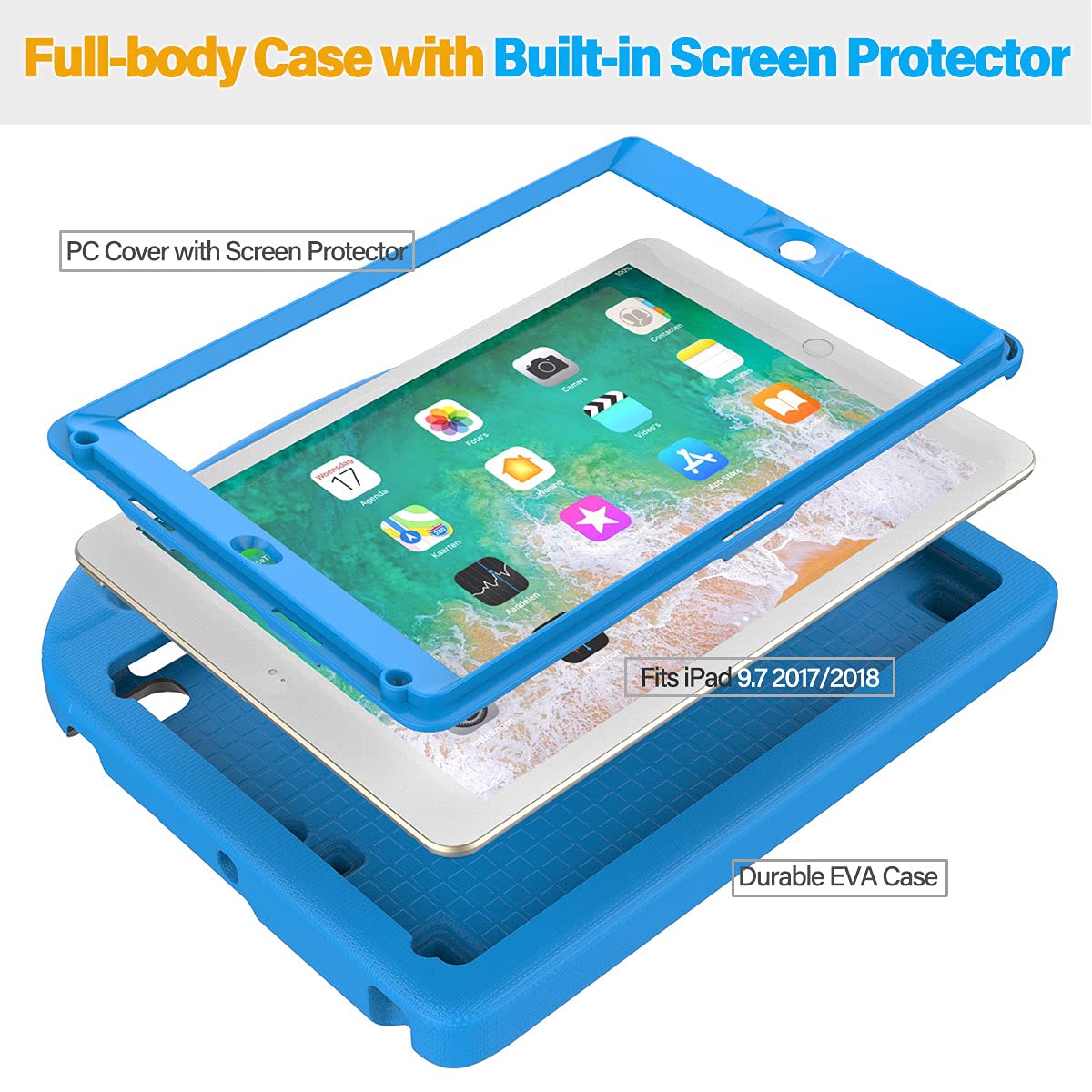 Suplik Kids Case for iPad 5th/6th Generation(9.7 inch, 2017/2018), iPad Air 2/1 & Pro 9.7 Case with Screen Protector, Durable Protective Cover with Handle Stand for Apple iPad 5/6 Gen, Blue